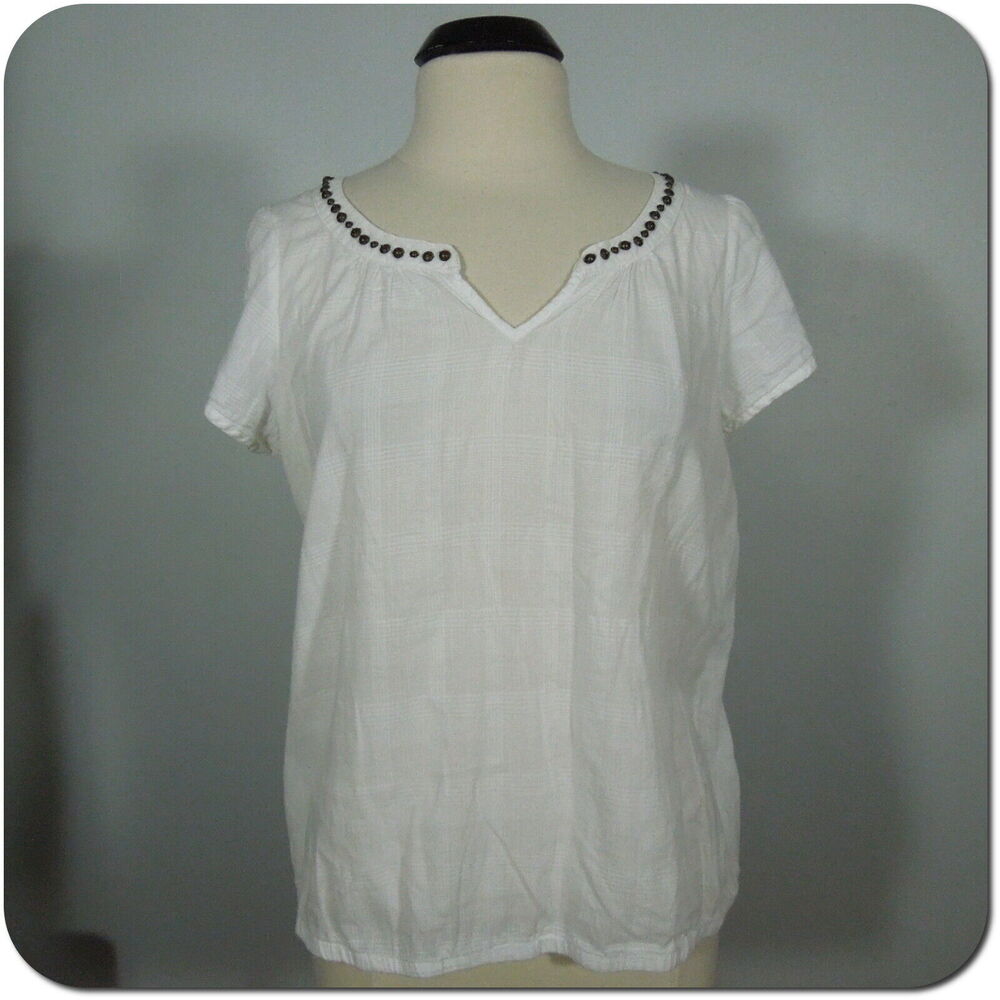 SONOMA LIFE STYLE Top L LARGE Womens White Cotton Beaded V-Neck Short Sleeves